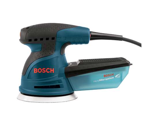 BOSCH blue and black sander, with "BOSCH microfilter system" visible.