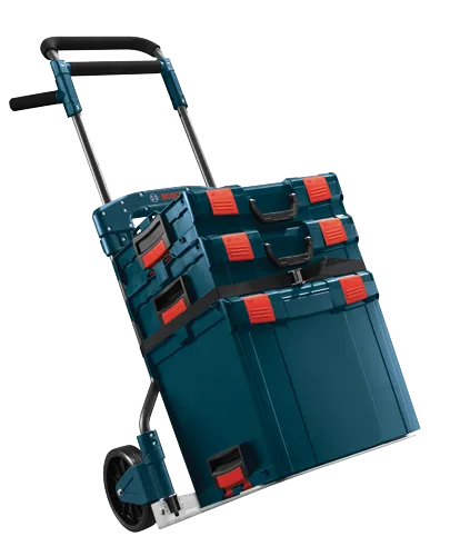 Bosch blue and black tool trolley with multiple red and black toolboxes attached. The handle has the word "BOSCH" visible.