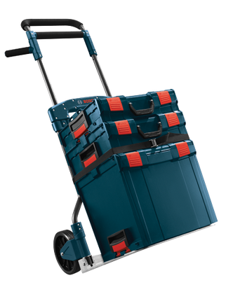 Bosch blue and black tool trolley with multiple red and black toolboxes attached. The handle has the word "BOSCH" visible.
