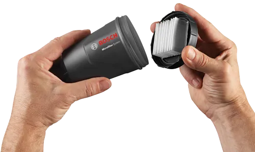 Hands holding a black container with the text 'BOSCH Microfilter System'.