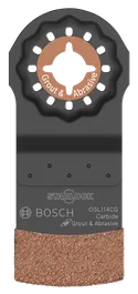 Bosch oscillating multi-tool blade, with 'Grout & Abrasive' text, 'Starlock', and model OSL114CG Carbide.