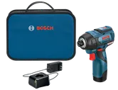 BOSCH impact driver, case, battery, and charger. The case has "BOSCH" printed on it. The driver has "BOSCH LITHIUM-ION 12 V MAX Li-Ion brushless EC motor".