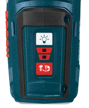 Bosch tool with white light, two red rectangles, and red button with white "T,!" symbol.