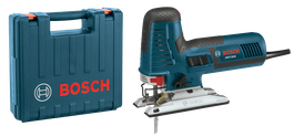 Bosch jigsaw JS572EB with blue case, and three wood saw blades: T144DP, T244D, T308BP.