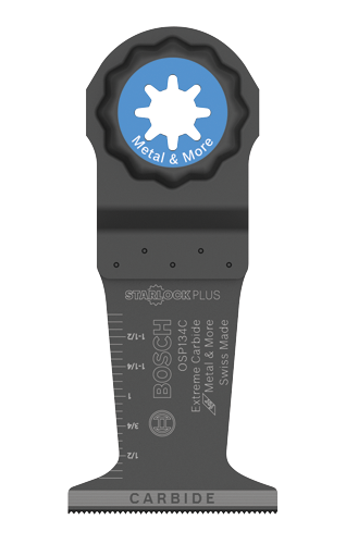 Bosch OSP134C Extreme Carbide blade, "Metal & More", with 1/2", 3/4", 1-1/4", 1-1/2" markings.