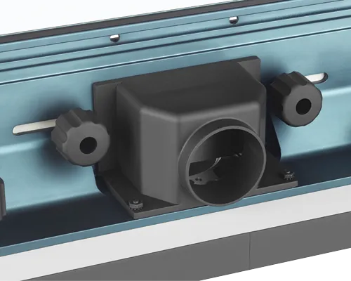 Black plastic dust extraction port with two knobs and blue metal surface.
