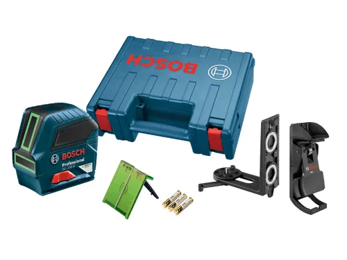 Bosch Professional GLL 100 G laser level, case, mounting accessories, and batteries.