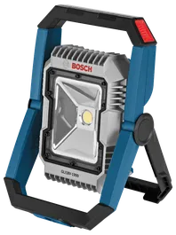 Bosch LED work light with blue and black frame, Bosch logo visible.