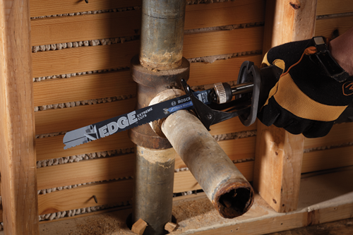 Bosch reciprocating saw blade cutting a pipe with "EDGE EXTREME CUTS" and "Thick Metal" text visible.