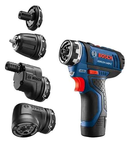 Bosch GSR12V-140FC cordless drill with multiple attachments, including right angle, offset, and chuck.