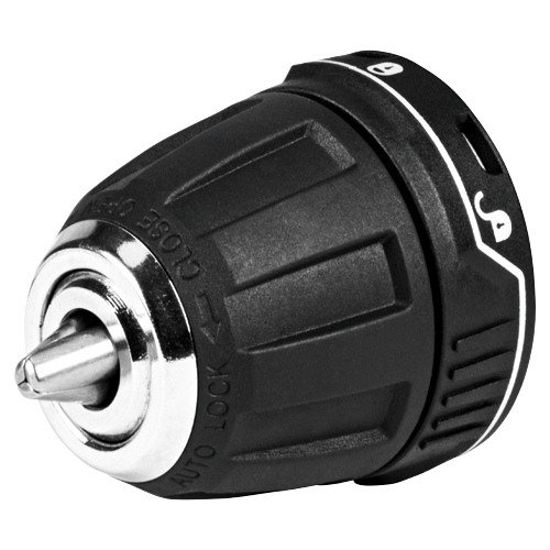Drill chuck with "CLOSE", "OPEN", "AUTO LOCK" markings and lock icon.