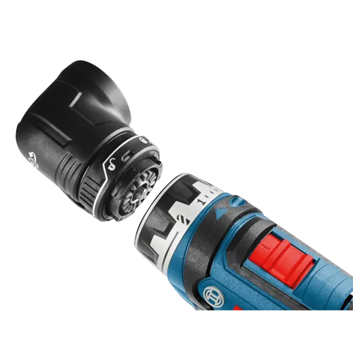 Black and blue power tool with a red button, with white numbering on the black rings, Bosch logo.