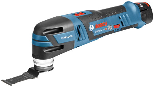 Bosch GOP12V-28 HD Starlock oscillating multi-tool with blade, "STARLOCK" and "EC BRUSHLESS MOTOR" are visible. The blade has text "Wood Metal Swiss Made" and "CURVED TEC".