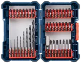 Bosch assortment of drill bits and screwdriver bits inside a blue case.