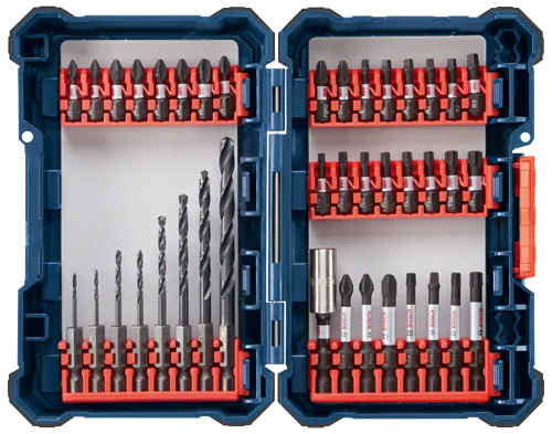 Bosch assortment of drill bits and screwdriver bits inside a blue case.
