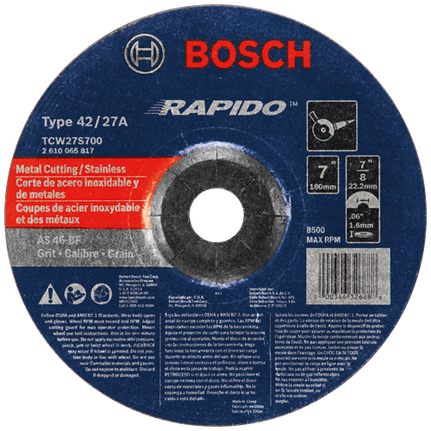 7 In. 1/16 In. 7/8 In. Arbor Type 27A (ISO 42) 46 Grit Rapido™ Fast Metal/Stainless Cutting Abrasive Wheel