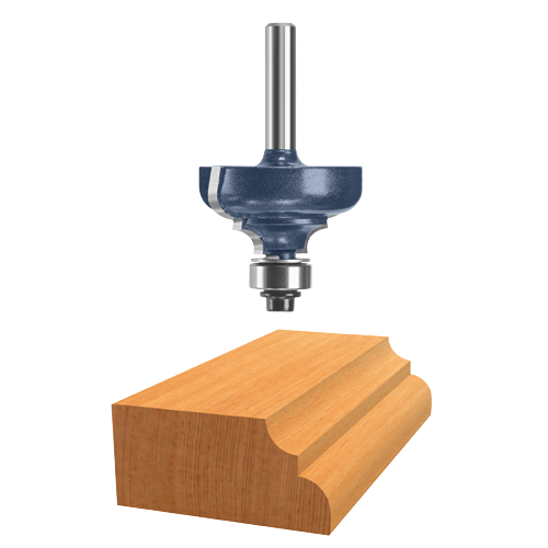 Bosch router bit above a cut piece of wood.