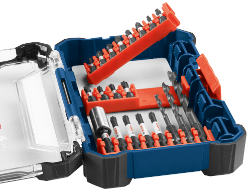 Bosch bit and drill set in blue and orange case. Includes bit set with visible text “BOSCH”, and drill bits.