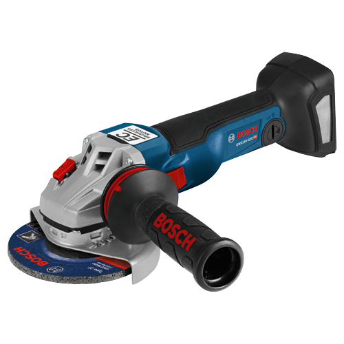 Bosch GWS18V-45C HD angle grinder with "BOSCH" logo on the handle and wheel, plus "BRUSHLESS MOTOR".