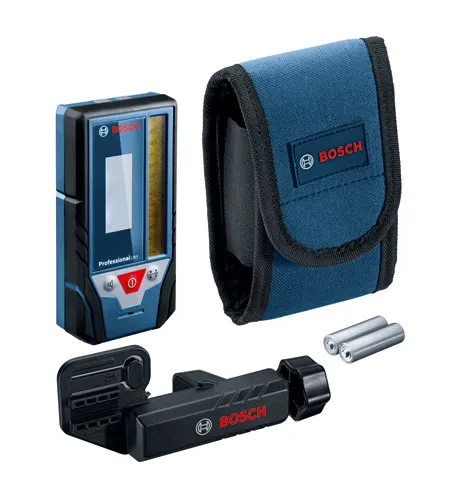 Bosch Professional LR8, blue and black, with a carrying case, two AA batteries, and a bracket. The Bosch logo is visible.