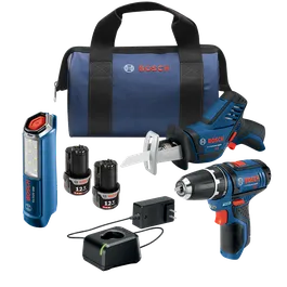 Bosch GLI12V-300 LED work light, reciprocating saw, drill with Lithium-Ion 12V batteries, charger, and carry bag.