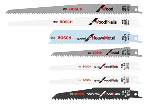 Bosch saw blades for wood, with nails, and heavy metal: RW96 9"/225mm 6 TPI, RN96 9"/225mm 6 TPI, RSM6X2 8+10 TPI 6"/150mm, RW66 6"/150mm 6 TPI, RSN6V 5/8 TPI, RSN6V 6"/150mm 5/8 TPI, and RDN6V 6"/150mm 5/8 TPI.