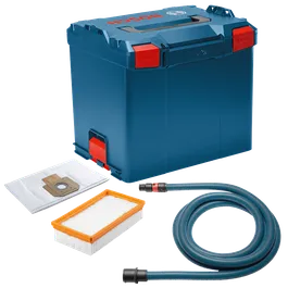 Bosch blue case with red latches, filter, bag, and hose.
