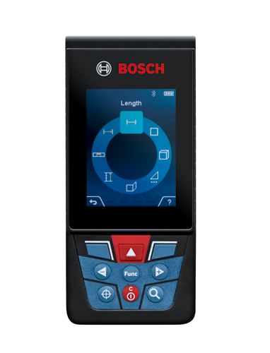 Bosch digital distance measurer with "Length" selected on screen; "Func" and other function buttons visible.