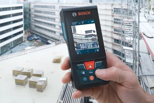 Bosch measuring device displays measurement data: 160’04” 1/8, 184’09” 15/16, 35.5°, and 107’09” 3/8.