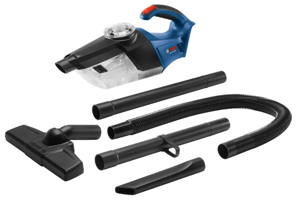 Bosch GAS18V-02 vacuum cleaner and multiple attachments.