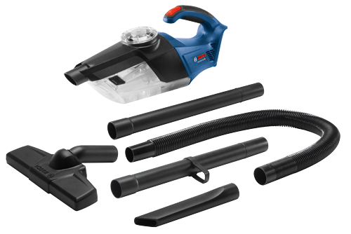 Bosch GAS18V-02 vacuum cleaner and multiple attachments.