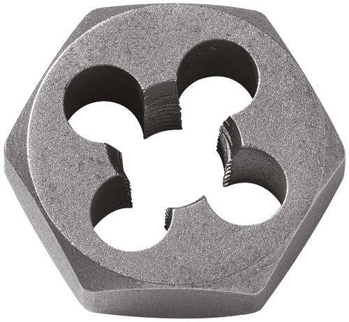 Hexagonal die with four circular holes.