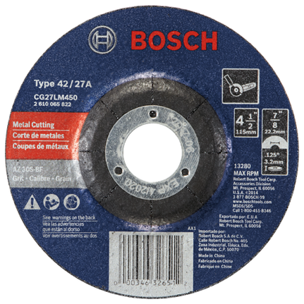 4-1/2 In. 1/8 In. 7/8 In. Arbor Type 27 30 Grit Long-Life Grinding/Metal Cutting Abrasive Wheel