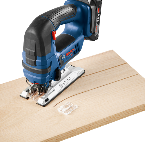 Bosch cordless jigsaw cutting wood.