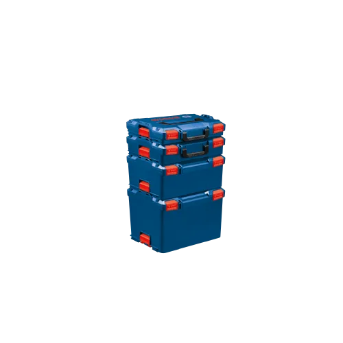 Bosch L-Box cases stacked, blue with orange latches, visible logos.
