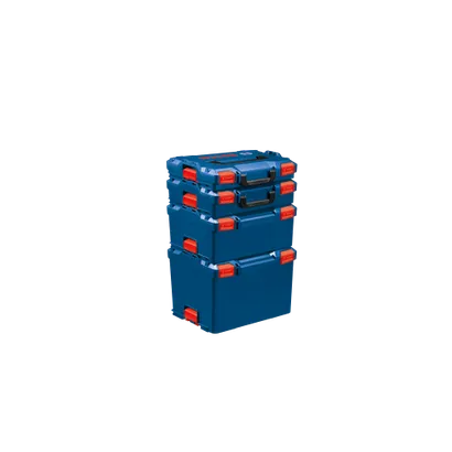 Bosch L-Box cases stacked, blue with orange latches, visible logos.