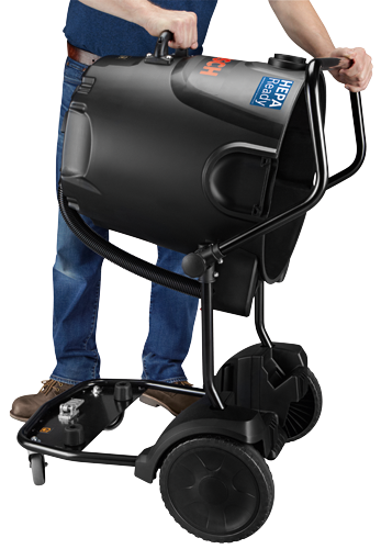 Person holding a black and gray HEPA Ready vacuum cleaner with 'BOSCH' branding.