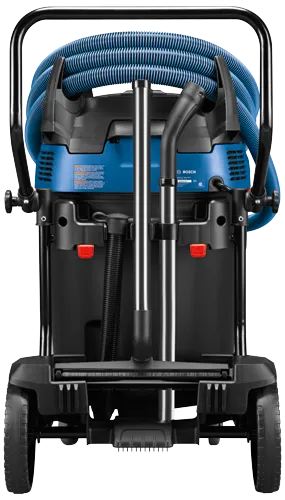 Bosch wet/dry vacuum, TAS20-17A, with blue hose and black frame, with "WARNING" and "BOSCH" text visible.