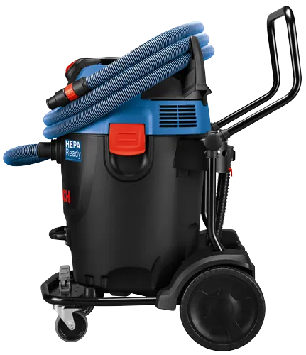Bosch HEPA Ready vacuum cleaner, with black and blue accents.