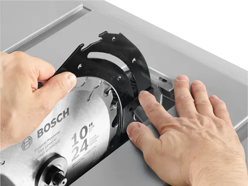 Bosch 10", 24 Teeth circular saw blade, with "General Purpose" text, held by hands.