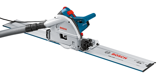 Bosch GKT 13-225 circular saw and FSN 1100 Professional rail with vacuum hose.