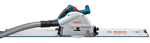 Bosch FSN 1100 Professional, circular saw with a blue and black handle and a silver, ridged vacuum hose attached.