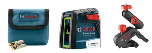 Bosch Professional GLL40-20G Green Laser technology level, blue pouch with Bosch logo, two "SUPER ALKALINE" batteries, and MM2 mounting bracket with red adjustment knobs.