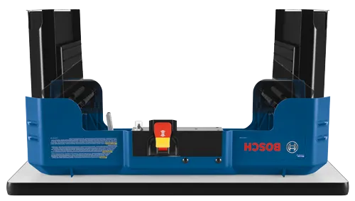 Bosch RA1141 2 610 050 865 blue and black work table, with visible text "BOSCH" and "1 619 P15 204", with safety instructions and a red and yellow button.