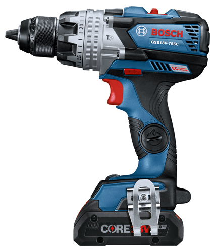 Bosch GSB18V-755C drill, with "CORE V" battery.