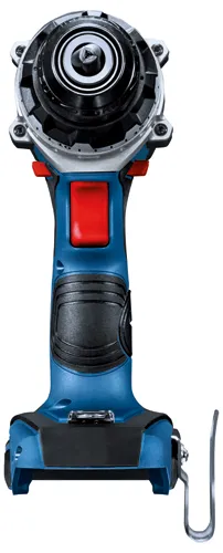 Bosch blue and black power tool with red button and metal hook.
