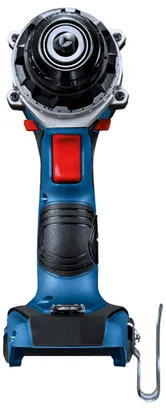 Bosch blue and black power tool with red button and metal hook.