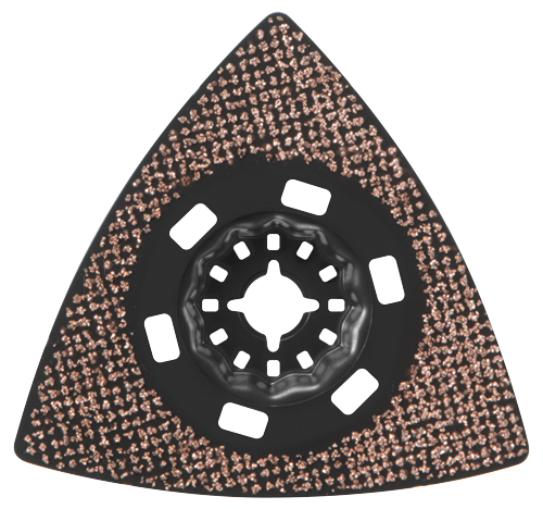 Black and copper-colored triangle-shaped saw blade with a central hole and scattered rectangular cutouts.