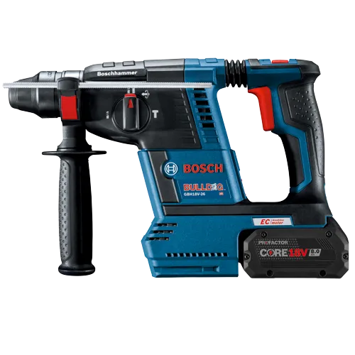 Bosch BULLDOG GBH18V-26 cordless rotary hammer, CORE18V 8.0 Ah, brushless motor, and Boschhammer.