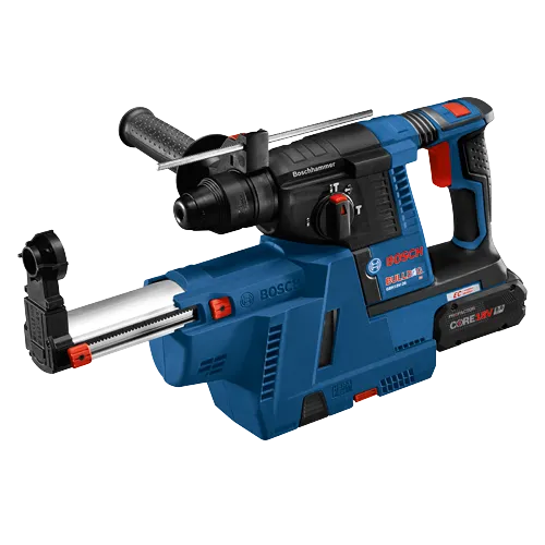 Bosch GBH18V-26 BULLDOG rotary hammer, with "HEPA Filter" and "CORE 18V 8.0 Ah".